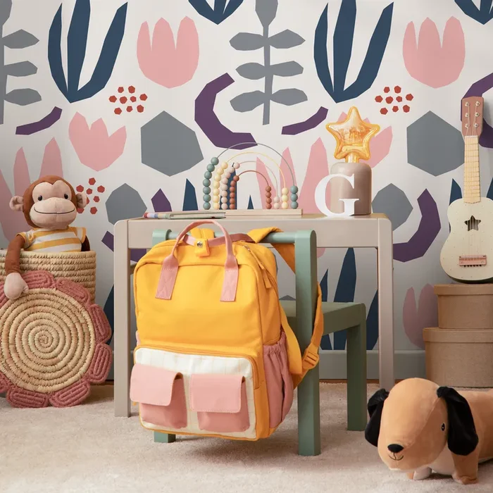 Abstract Wallpaper With Scandinavian Cutout Florals In Blue, Pink, And Grey – B454