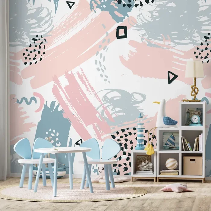 Abstract Wallpaper With Scribbles And Brush Strokes In Pink, Blue, And Black – B349