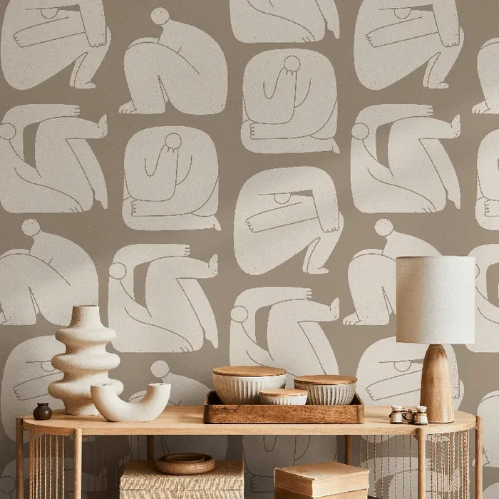 Abstract Wallpaper With Stylized Human Figures In Taupe And Beige – C242