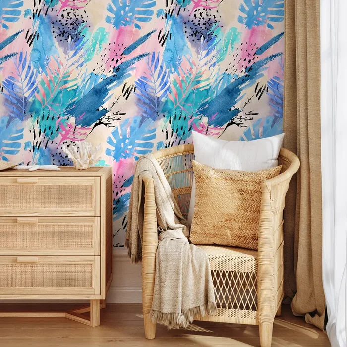 Abstract Wallpaper With Tropical Leaves And Brushstrokes In Blue, Pink, And Black – B003