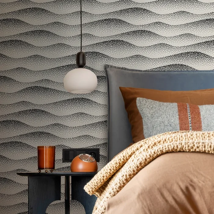Abstract Wallpaper With Wavy Dotted Lines In Black And Cream – C731