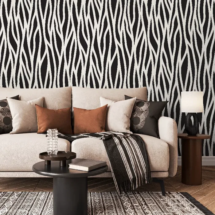 Abstract Wallpaper With Wavy Organic Lines In Black And White – B600