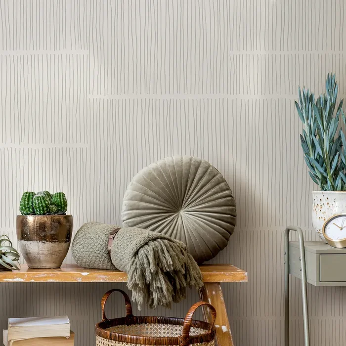 Abstract Wallpaper With Wavy Vertical Lines In Beige And Sage Green – C172