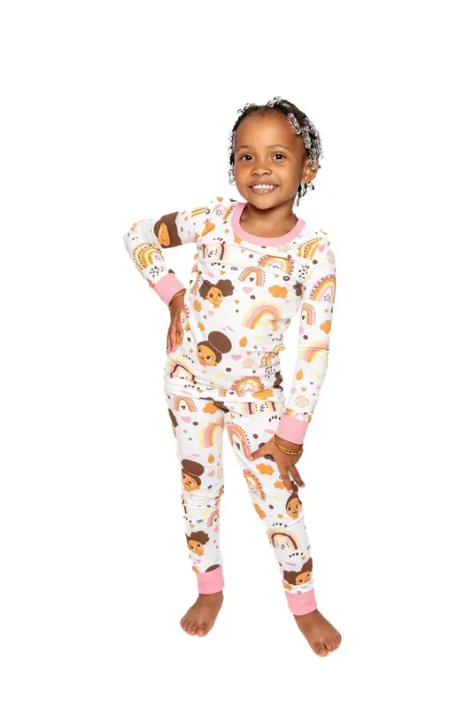 Afros And Rainbows Boho Snug Fit Pajamas Set Girls Toddler Size 4t – 12