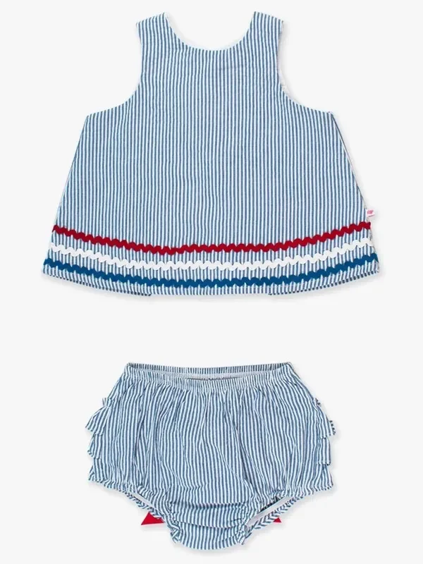 Americana Classic Blue Seersucker Ric Rac Swing Top and Bloomer Set