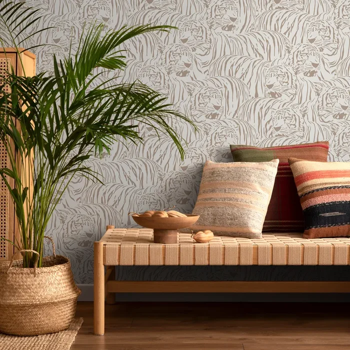 Animal Print Wallpaper With A Repeating Tiger Motif In Taupe And Beige – Zadg