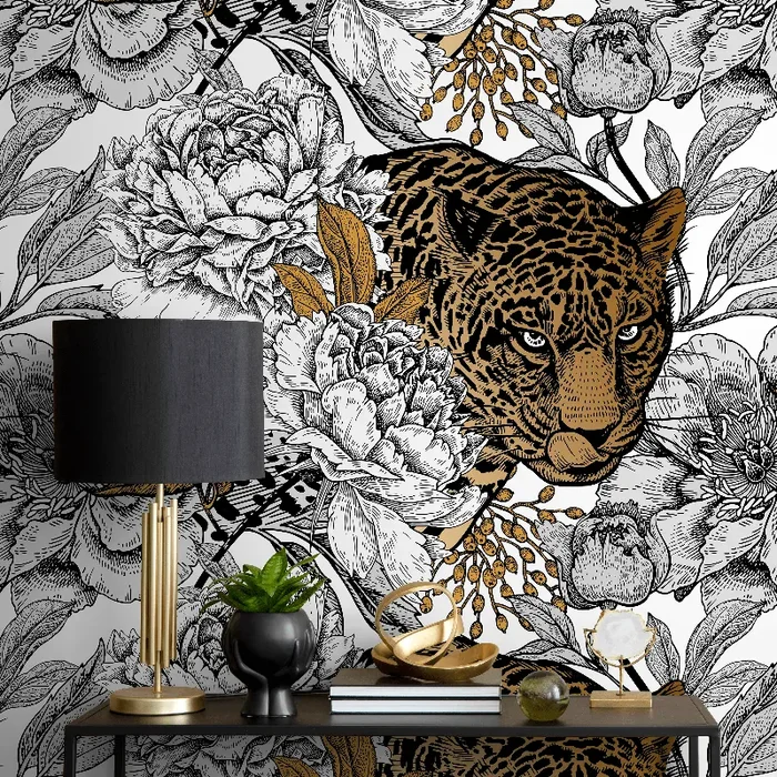 Animal Print Wallpaper With Jaguar And Peonies In Black And Gold – B629