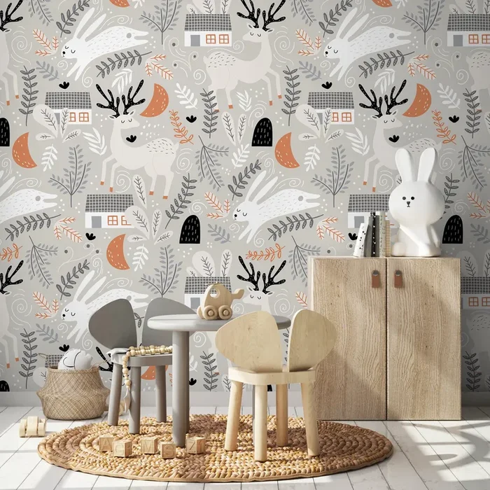 Animal Wallpaper With Deer, Rabbits, And Woodland Homes In Gray, Orange, And Black – A508