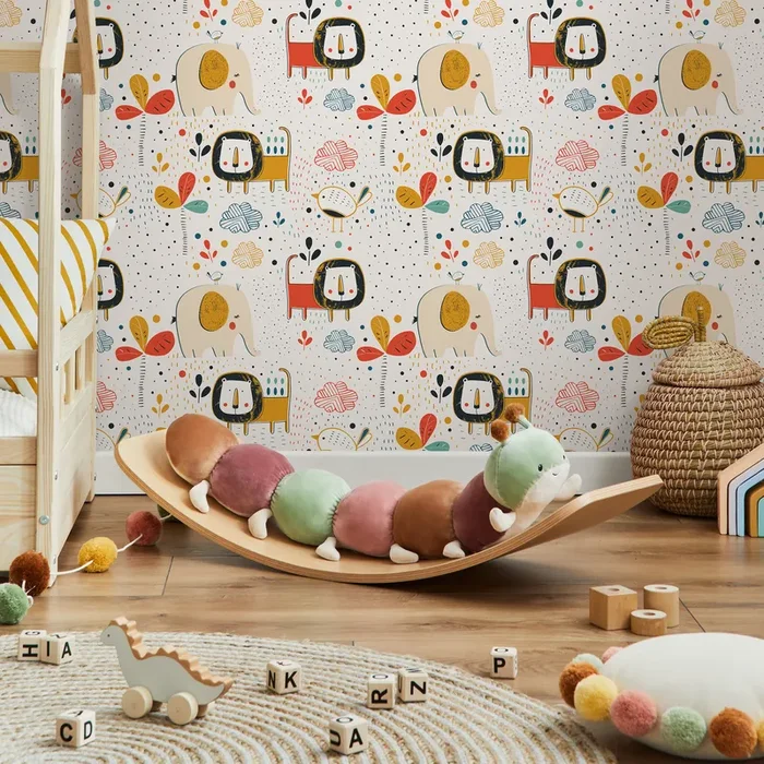 Animal Wallpaper With Nordic Style Lions And Elephants In Red, Yellow, And Blue – B738