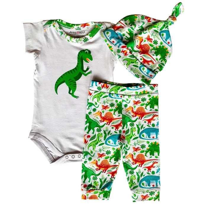 Annloren Baby Layette Boys Dinosaur Onesie Pants Cap 3pc Gift Set Clothing Sizes 3m – 18m