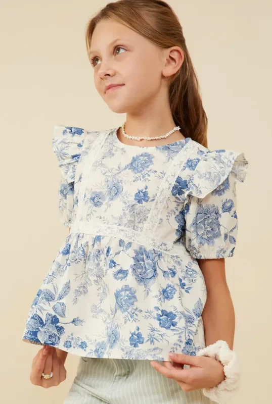 Antique Floral Lace Ruffle Top | Blue