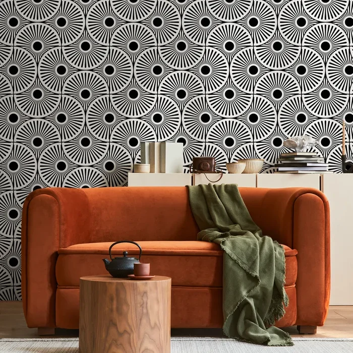 Art Deco Wallpaper Featuring A Bold Sunburst Motif In Black And White – B859