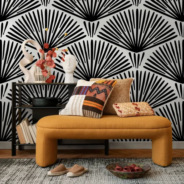 Art Deco Wallpaper With A Bold Fan Motif In Black And White – B240