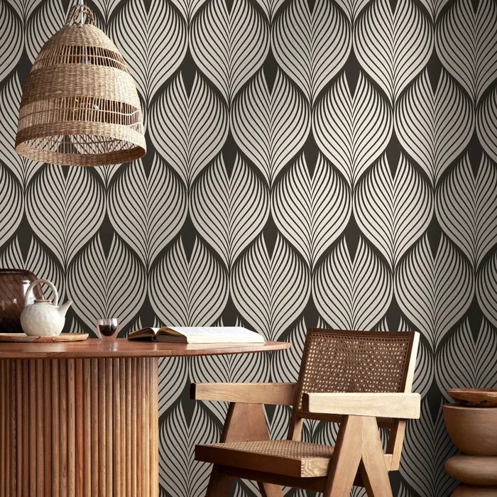 Art Deco Wallpaper With A Flowing Leaf Motif In Brown And Beige – D960