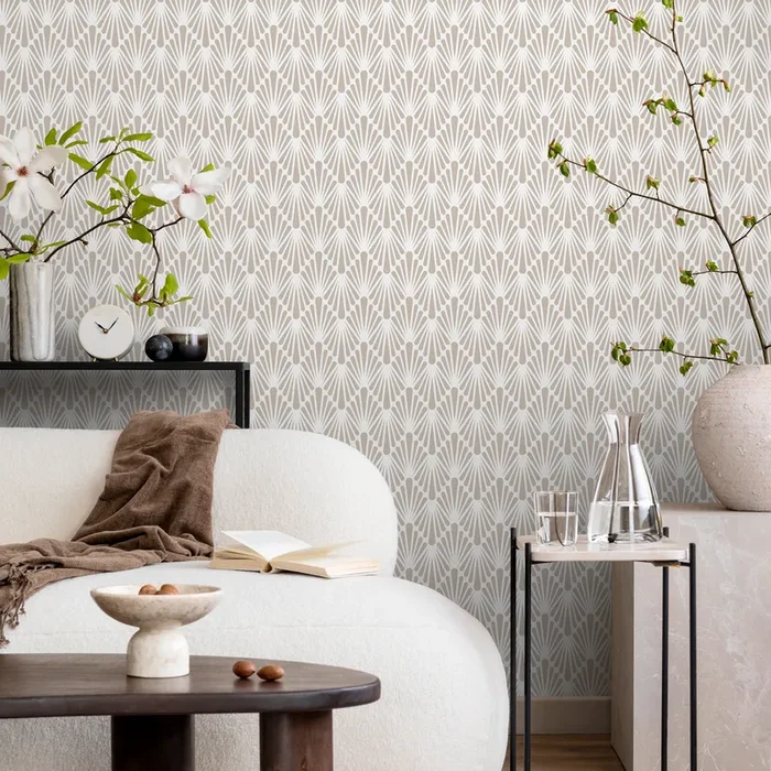 Art Deco Wallpaper With A Geometric Fan Motif In Beige – A926