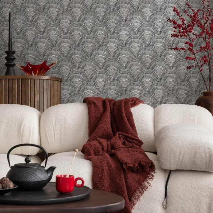 Art Deco Wallpaper With A Hand-drawn Scallop Motif In Black And White – C170