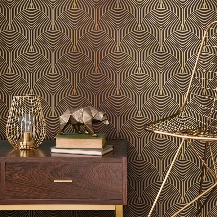 Art Deco Wallpaper With A Scalloped Arch Motif In Black And Gold – B059