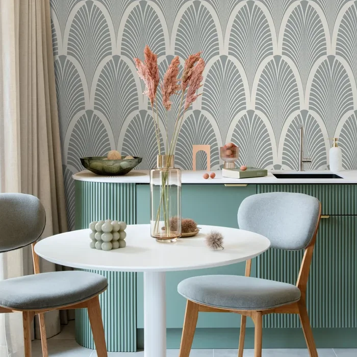 Art Deco Wallpaper With A Stylized Fan Motif In Sage Green And Beige – C598