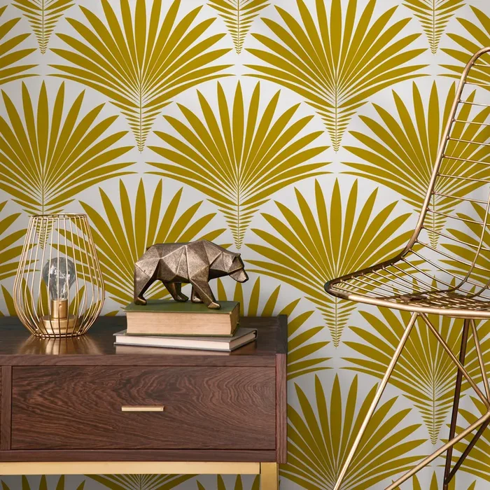 Art Deco Wallpaper With A Stylized Palm Frond Motif In Mustard Yellow – B987