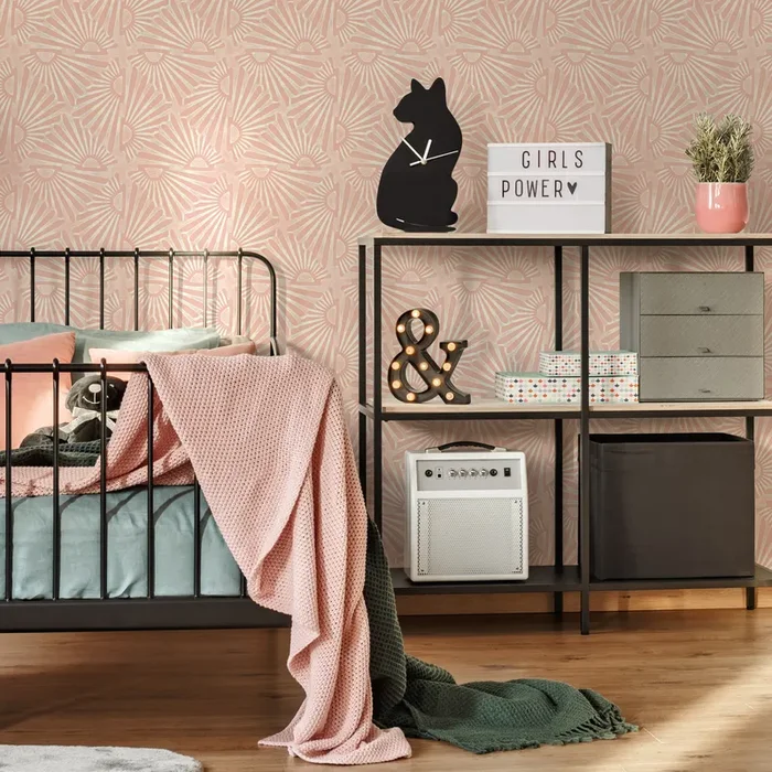 Art Deco Wallpaper With A Sunburst Motif In Pink And Cream – C736