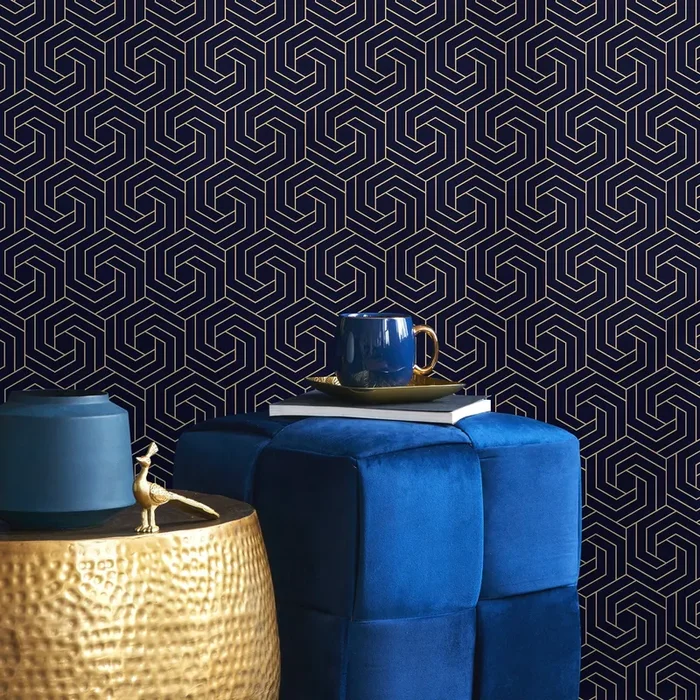 Art Deco Wallpaper With A Swirling Hexagonal Motif In Navy Blue And Gold – B255
