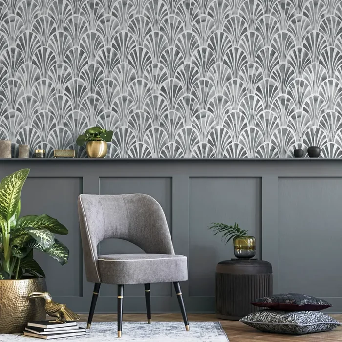 Art Deco Wallpaper With A Watercolor Fan Motif In Shades Of Gray – C805