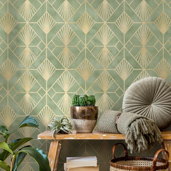Art Deco Wallpaper With Geometric Fan Motifs In Green And Gold – C721