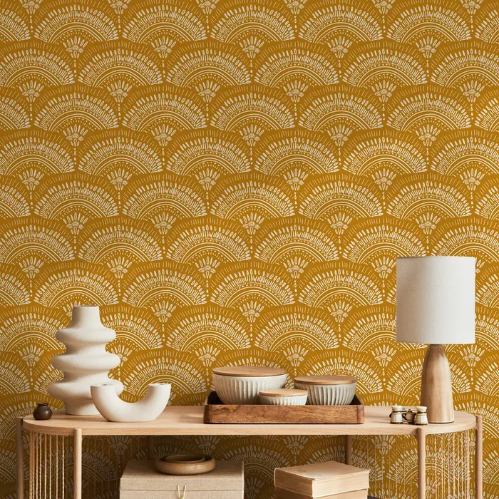 Art Deco Wallpaper With Scalloped Fans In Mustard Yellow And White – B767