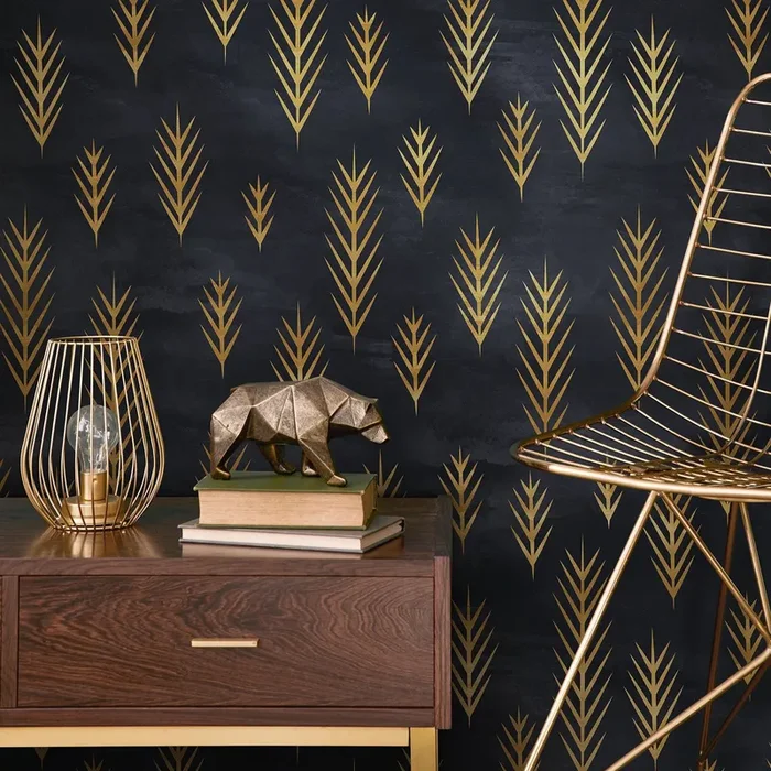 Art Deco Wallpaper With Stylized Golden Fronds In Black And Gold – A739