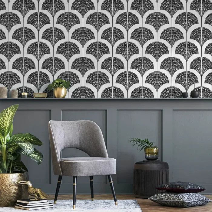 Art Deco Wallpaper With Stylized Palm Fronds In Black And White – C506