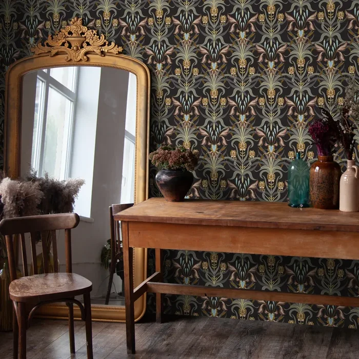 Art Nouveau Wallpaper With A Floral Damask Motif In Brown, Gold, And Blue – C295