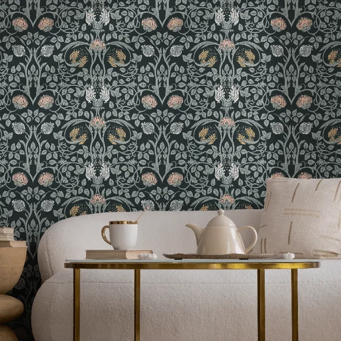 Art Nouveau Wallpaper With A Pomegranate And Floral Motif In Black, Pink, And Gold – B920
