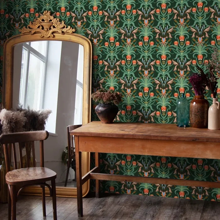 Art Nouveau Wallpaper With A Stylized Floral Damask In Green, Red, And Blue – C297