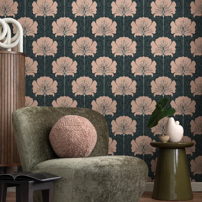 Art Nouveau Wallpaper With A Stylized Floral Motif In Muted Pink And Charcoal – C389