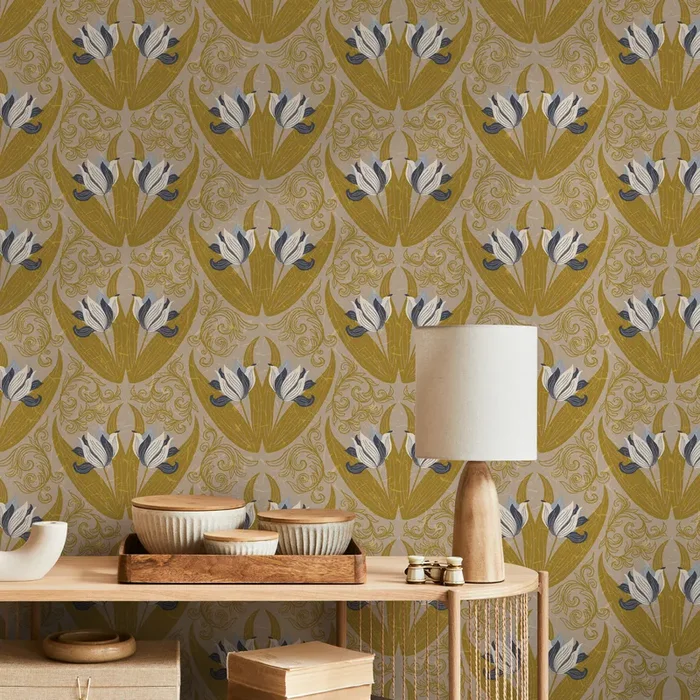 Art Nouveau Wallpaper With A Stylized Tulip Damask In Ochre, Blue, And Taupe – B906