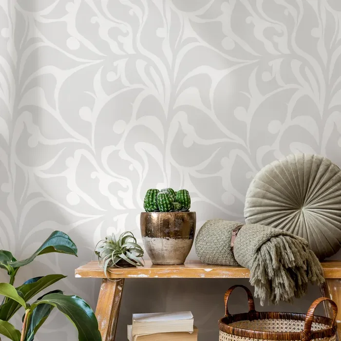 Art Nouveau Wallpaper With An Elegant Scroll Motif In Light Gray And Off-white – C620