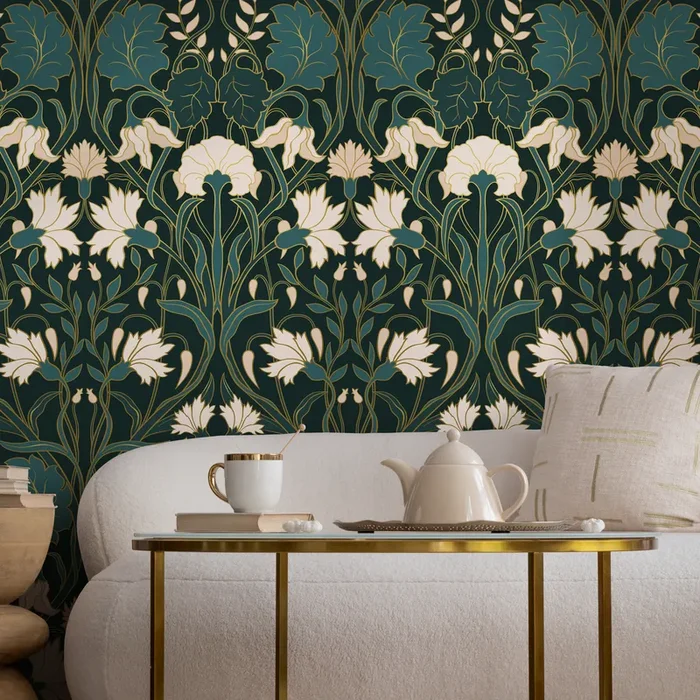 Art Nouveau Wallpaper With Stylized Florals In Green, Cream, And Gold – C281