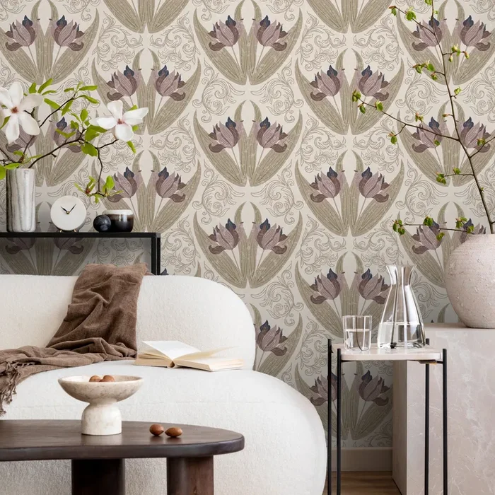 Art Nouveau Wallpaper With Stylized Tulips In Mauve, Sage, And Blue – B907
