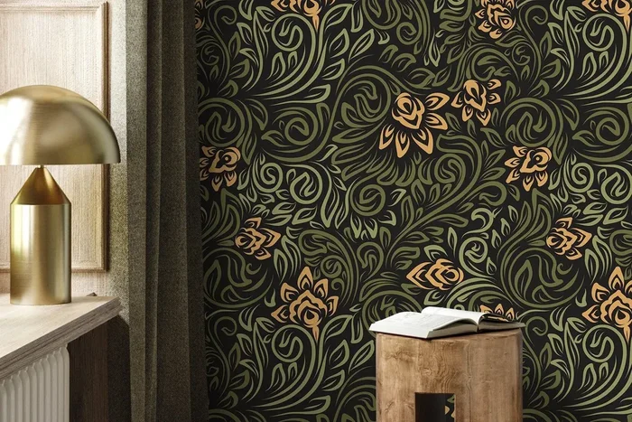 Art Nouveau Wallpaper With Swirling Floral Vines In Green, Gold, And Black – D159