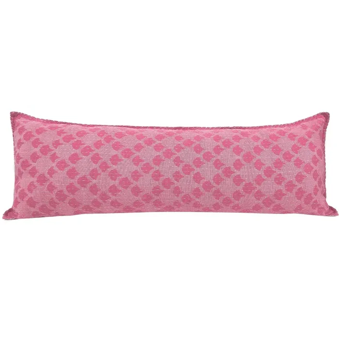 Artisan Hand Loomed Cotton Lumbar Pillow – Pink Ginkgo – 16 “x48 “