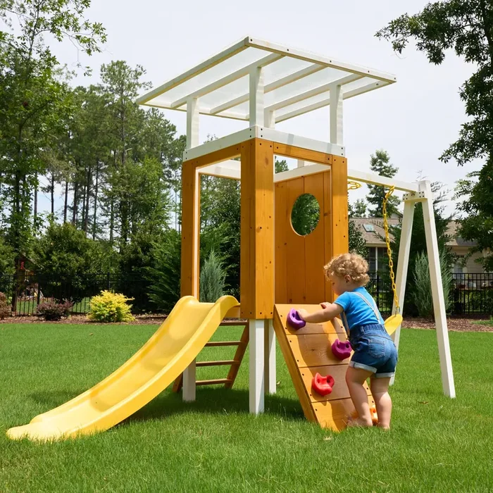 Avenlur Forest: Toddler-Friendly Small Eco-Friendly Non-Toxic Wooden Swing Set with Slide, Fort & Rock Wall