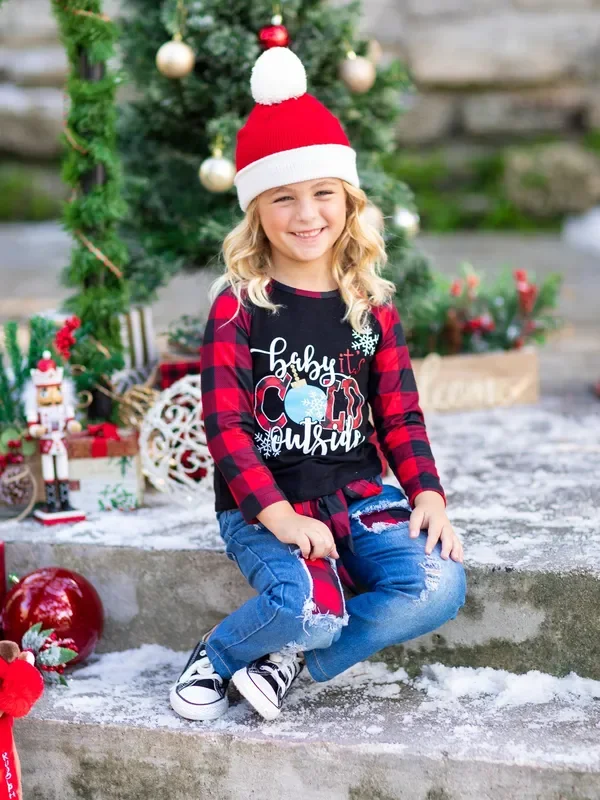 Baby It’s Cold Outside Plaid Patched Jeans Set
