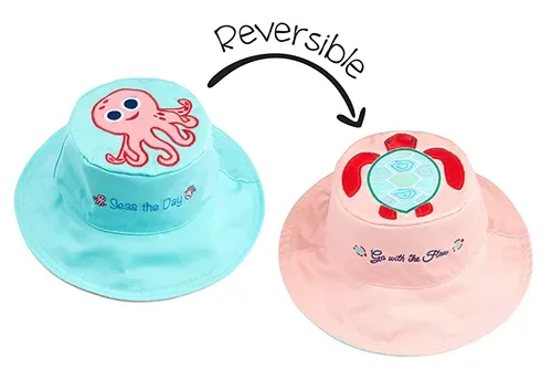 Baby/kids Reversible Sun Hat – Pink Octopus | Sea Turtle