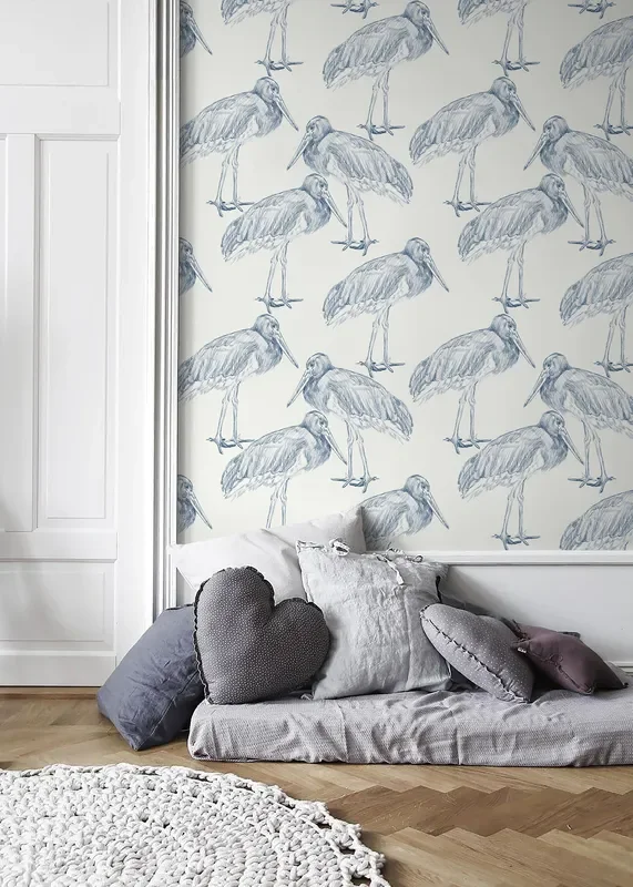 Bird Wallpaper With A Sketch Style Crane Motif In Blue – D058