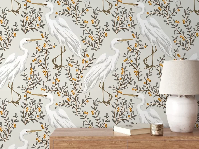 Bird Wallpaper With Elegant Cranes And Berries In Gray, Brown, And Yellow – D073