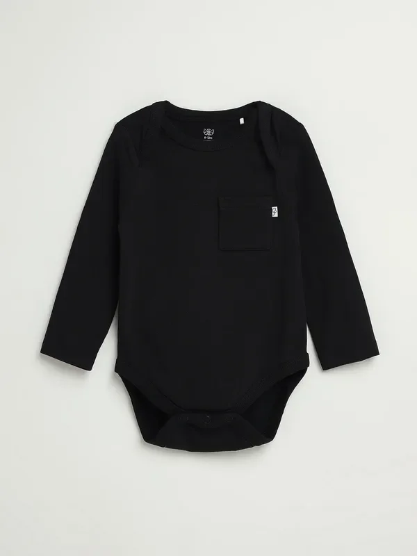 Black Prayer Pocket Long Sleeve Bodysuit Cotton