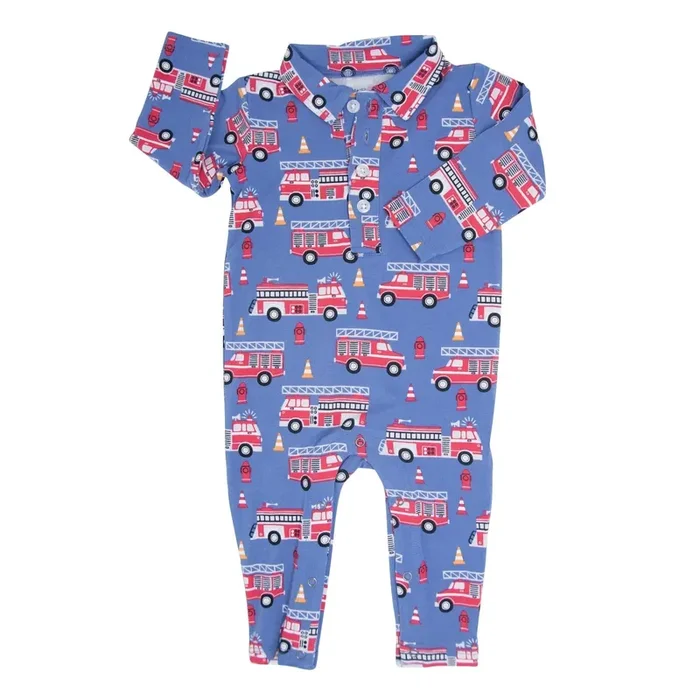 Blue Fire Truck Long-sleeve Polo Romper
