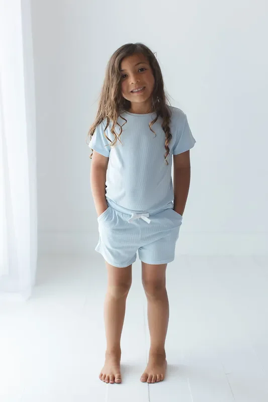 Blue Macaron (ribbed) – Pocket Short Set