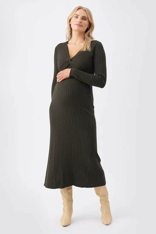 Bodycon Ribbed Umstands- und Stillkleid mit Knoten-Detail khaki