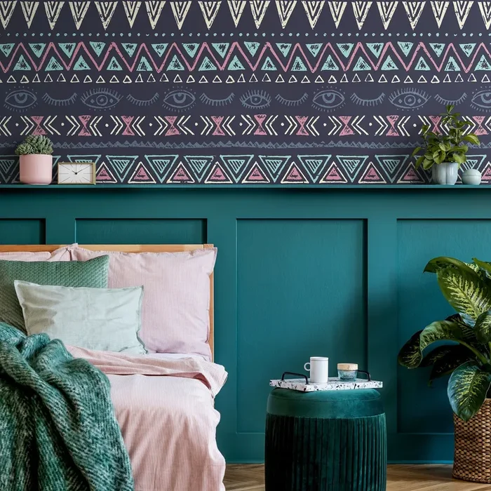 Bohemian Wallpaper With Tribal Eye Motifs In Navy, Pink, And Teal – A820